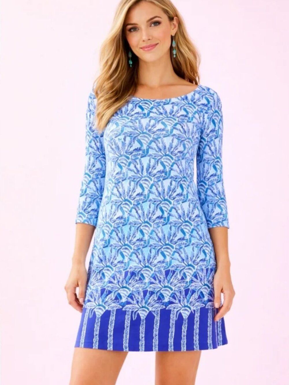 Lilly Pulitzer Bay Dress Whisper Blue Palm Trees XS 100% Cotton Resort